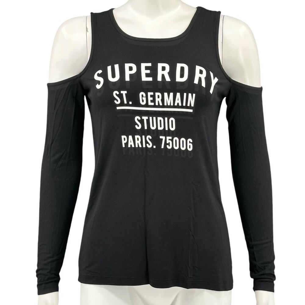 Superdry Top Womens XS Black Cold Shoulder Stretch Long Sleeves Graphic Logo